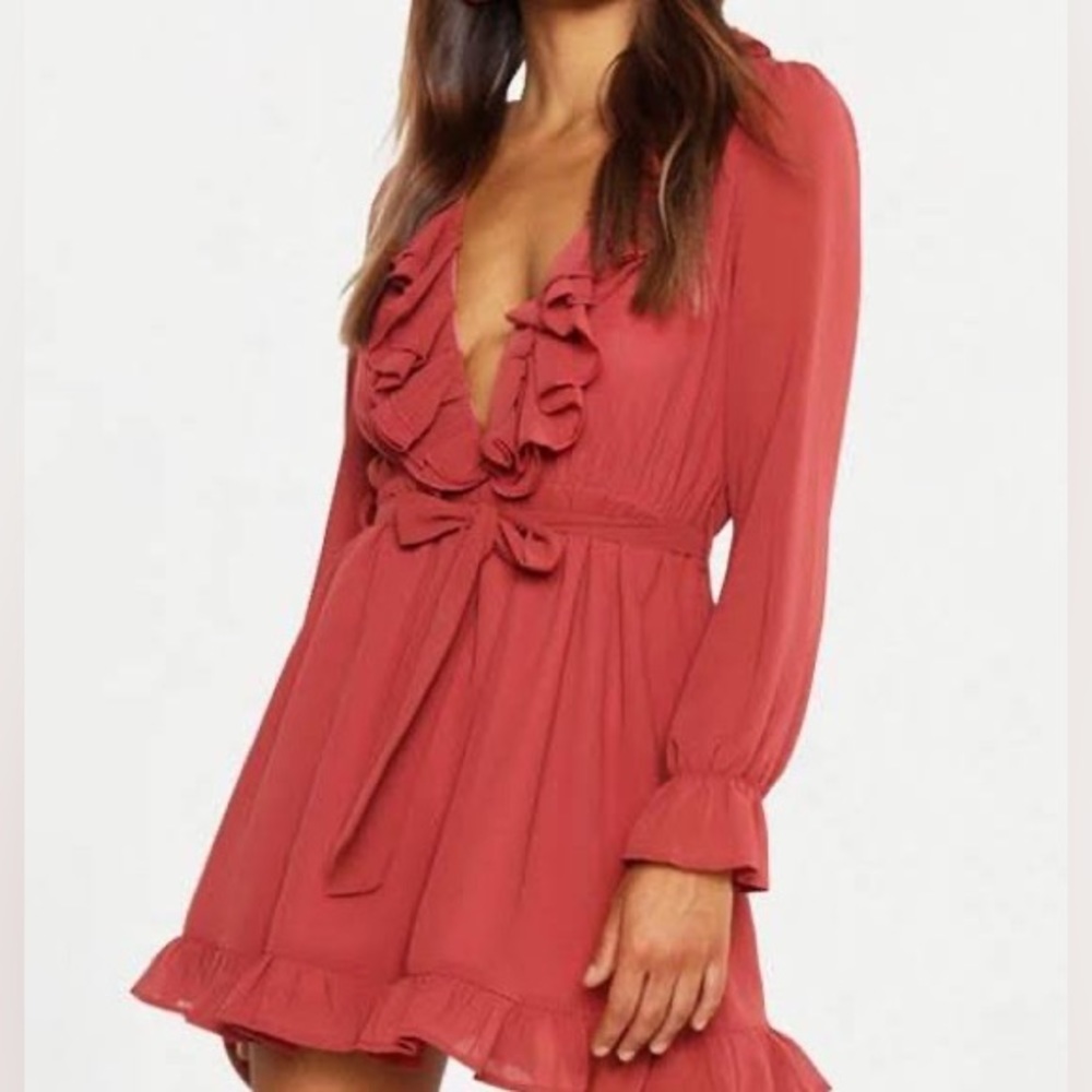 Red Ruffle Long Sleeve Mini Dress